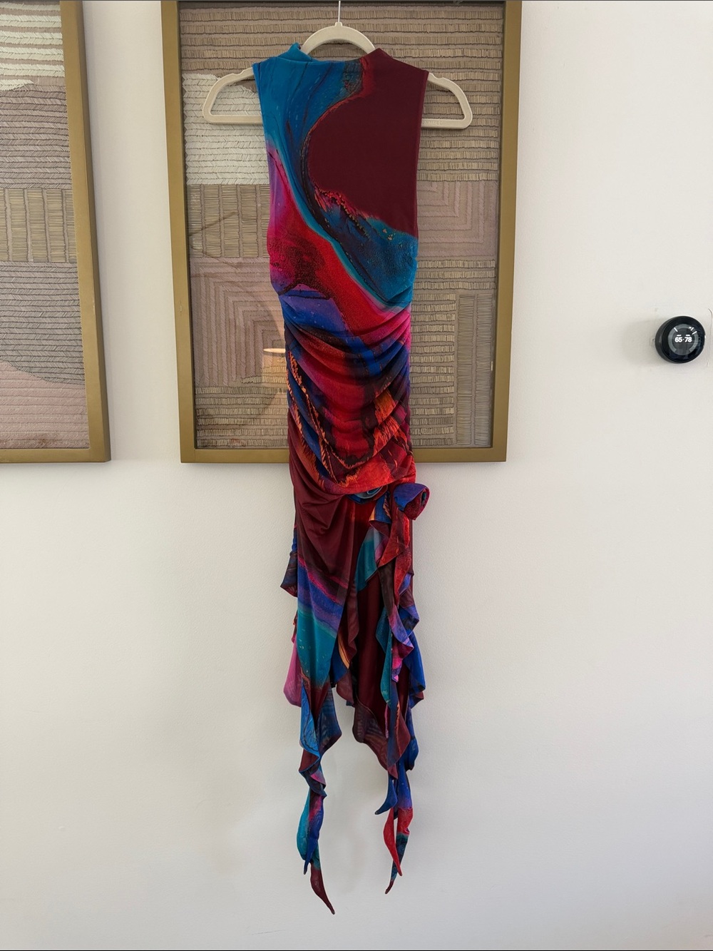 AFRM Asymmetrical Multicolor Ruched Gown - Burgundy, Blue, Pink